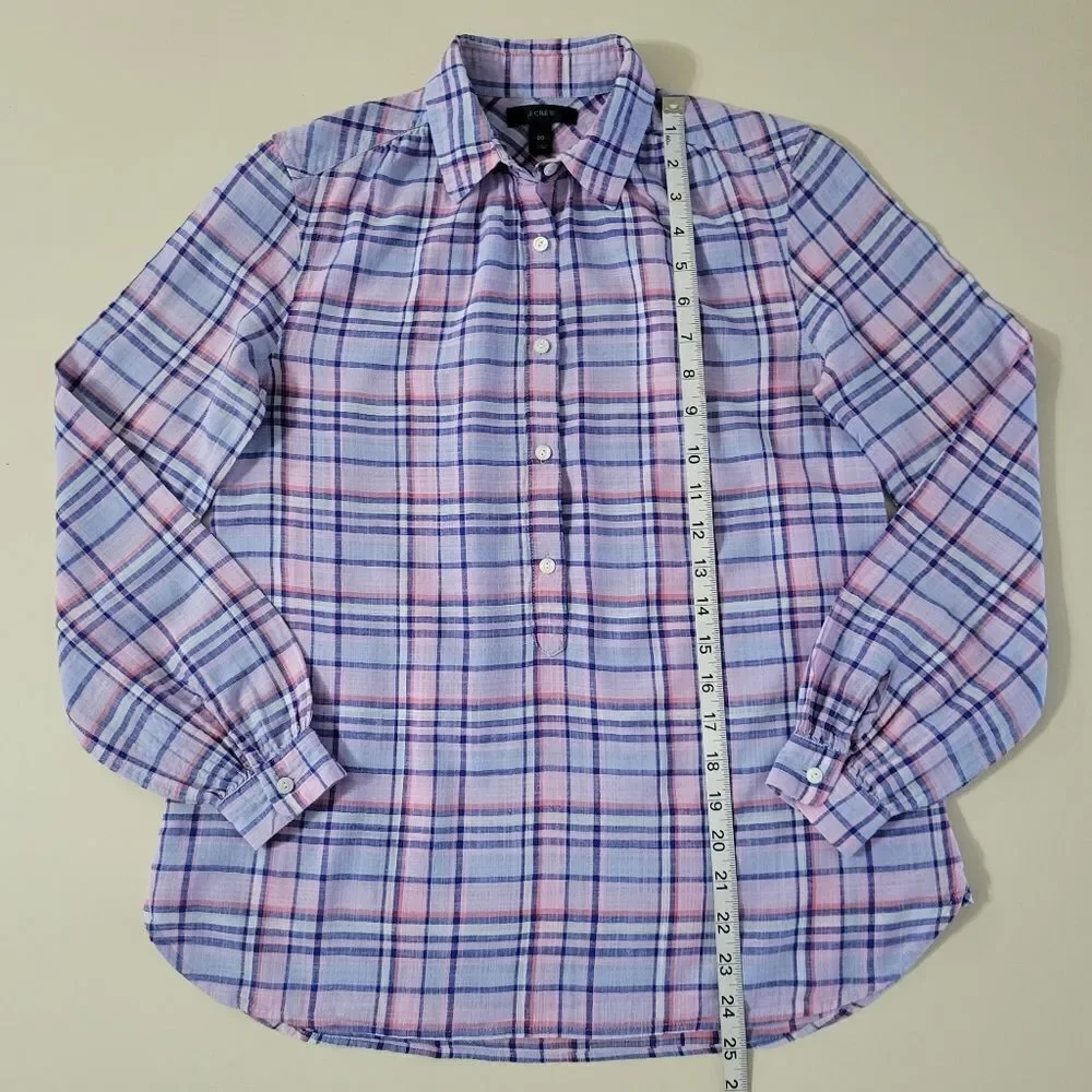 J. Crew Women's Gathered Henley Lilac Plaid Shirt